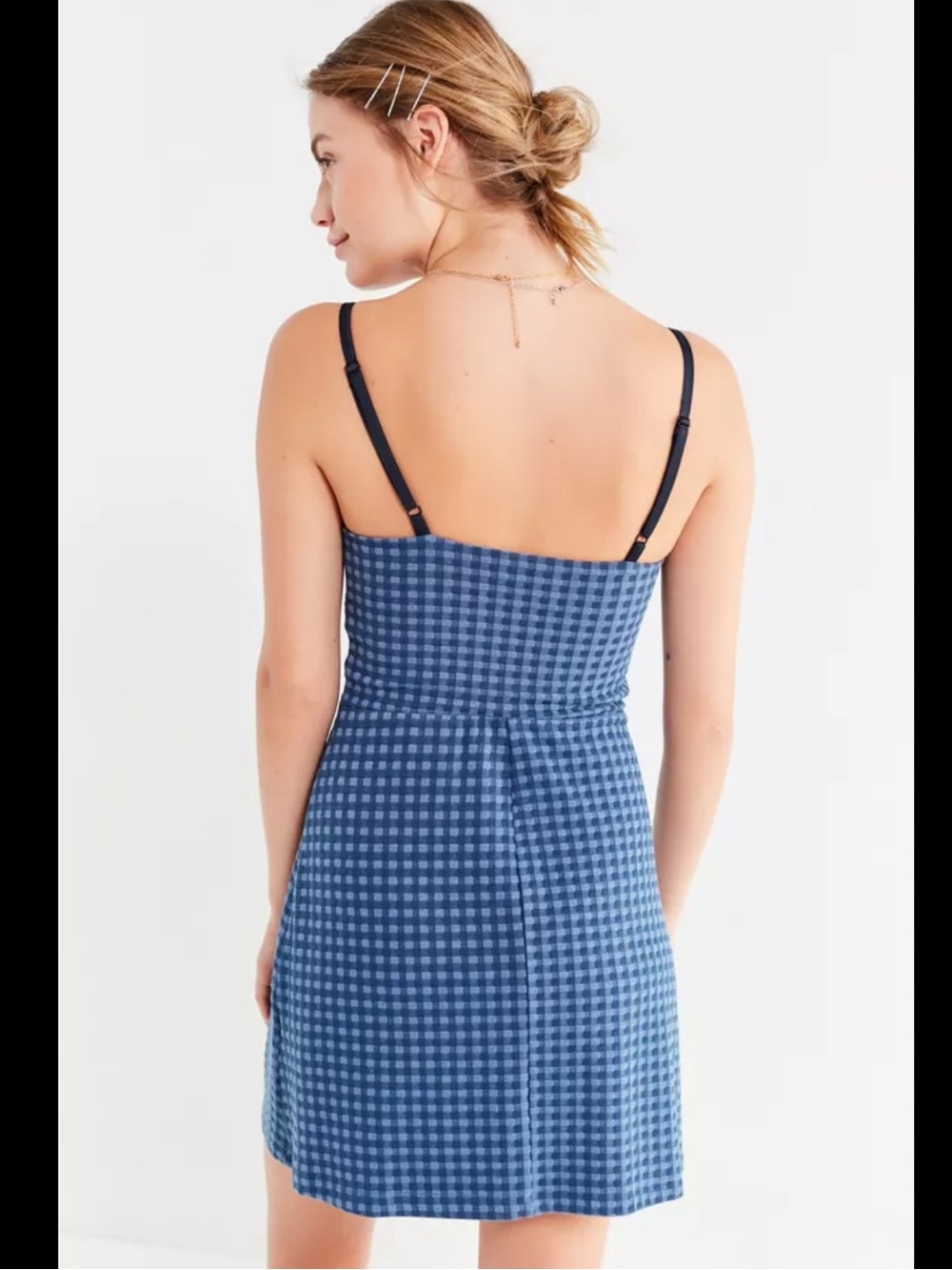 Urban Outfitters Cher Straight Neck Blue Checkered Patterned Mini Dress Size XS - Picture 2 of 9